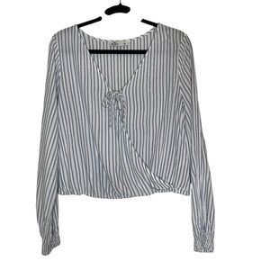 2/$30 Hollister Blue White Long Sleeve Faux Wrap Blouse